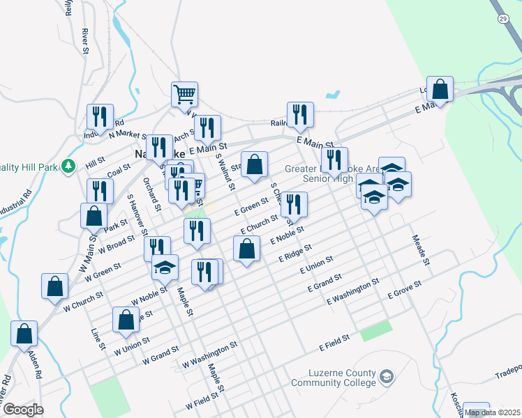 map of restaurants, bars, coffee shops, grocery stores, and more near 272 East Green Street in Nanticoke