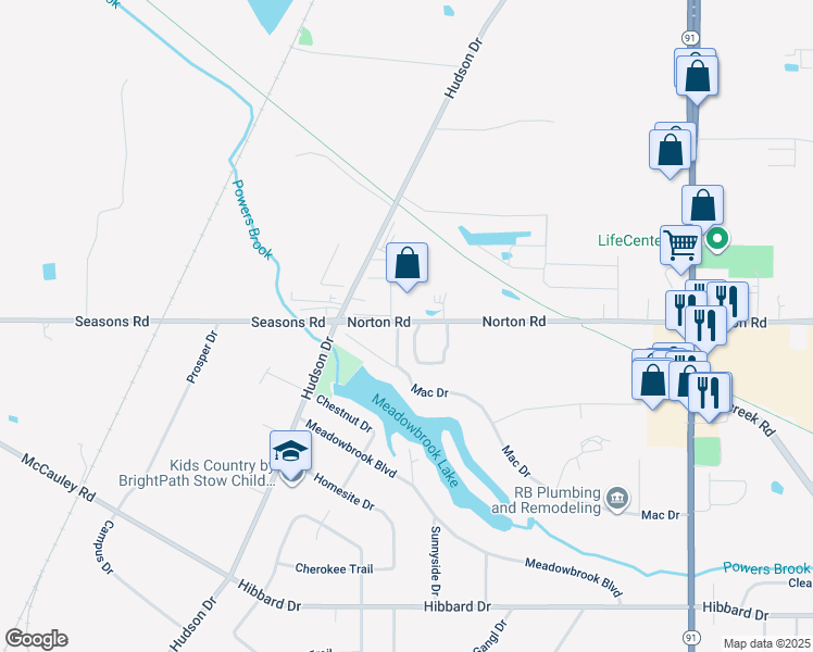 map of restaurants, bars, coffee shops, grocery stores, and more near 1217 Norton Road in Stow