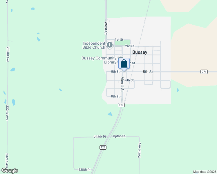 map of restaurants, bars, coffee shops, grocery stores, and more near 103 6th Street in Bussey