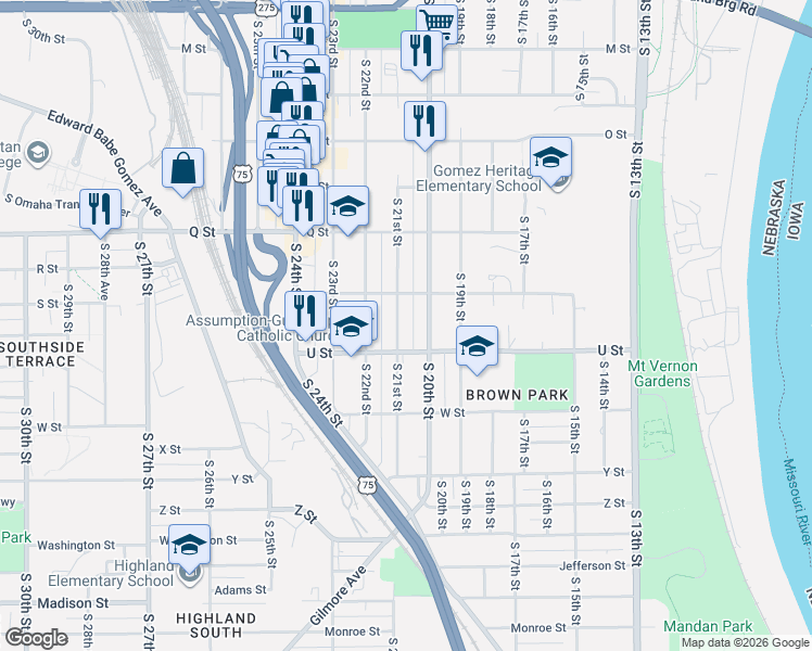 map of restaurants, bars, coffee shops, grocery stores, and more near 5407 South 21st Street in Omaha