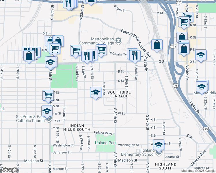 map of restaurants, bars, coffee shops, grocery stores, and more near 5328 South 31st Street in Omaha