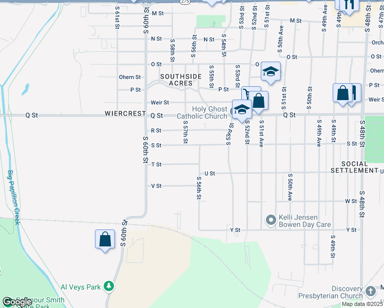 map of restaurants, bars, coffee shops, grocery stores, and more near 5330 South 57th Street in Omaha