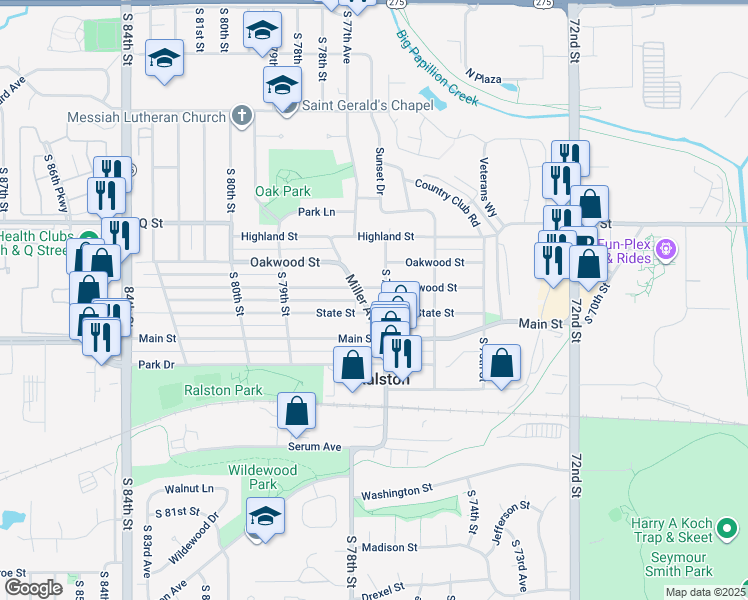 map of restaurants, bars, coffee shops, grocery stores, and more near 7722 Maywood Street in Ralston