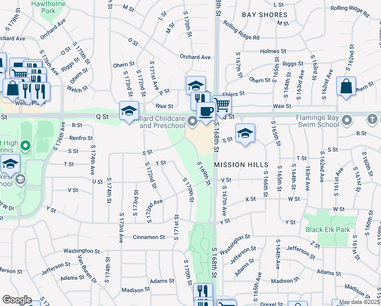 map of restaurants, bars, coffee shops, grocery stores, and more near 5404 South 169th Street in Omaha