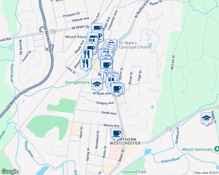map of restaurants, bars, coffee shops, grocery stores, and more near 193 Main Street in Mount Kisco