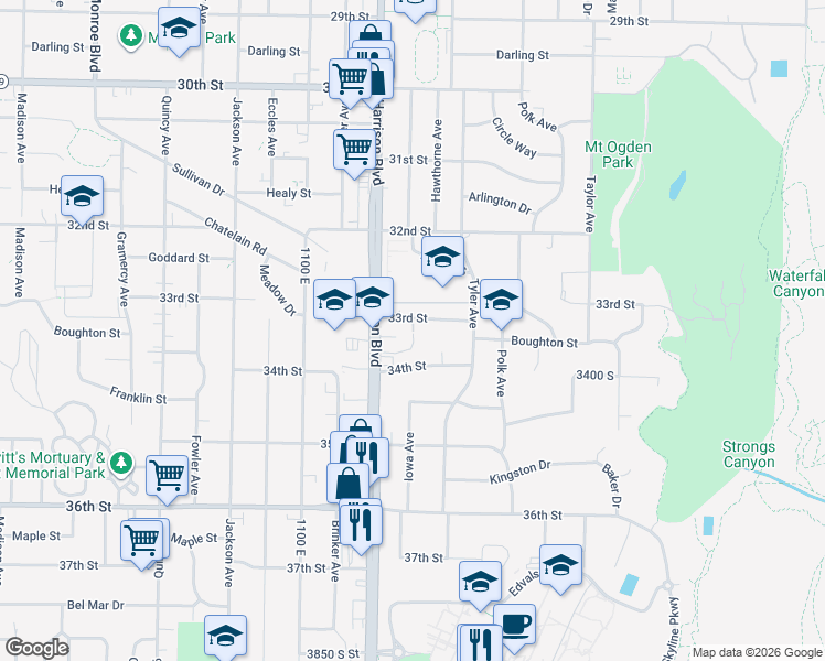 map of restaurants, bars, coffee shops, grocery stores, and more near 3300 Iowa Avenue in Ogden