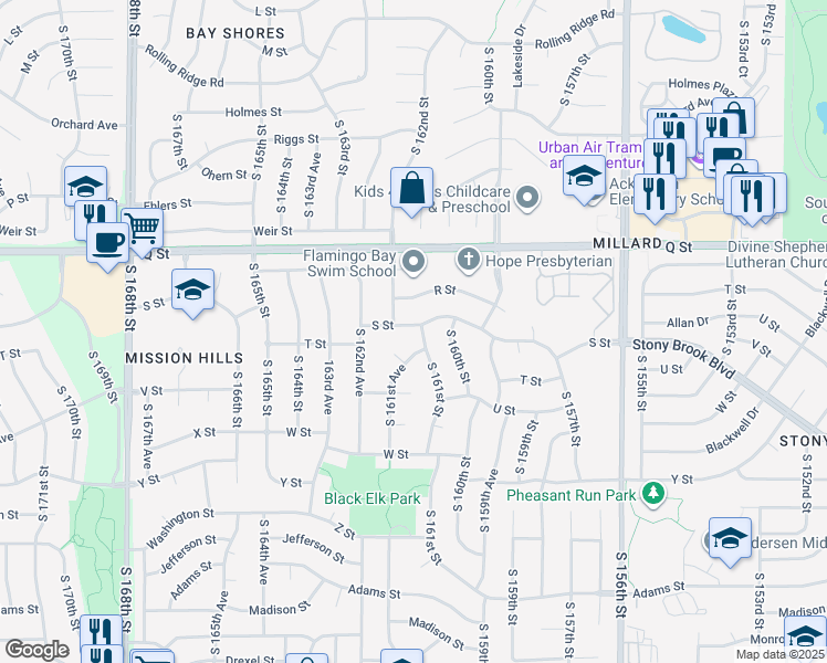 map of restaurants, bars, coffee shops, grocery stores, and more near 16121 R Street in Omaha