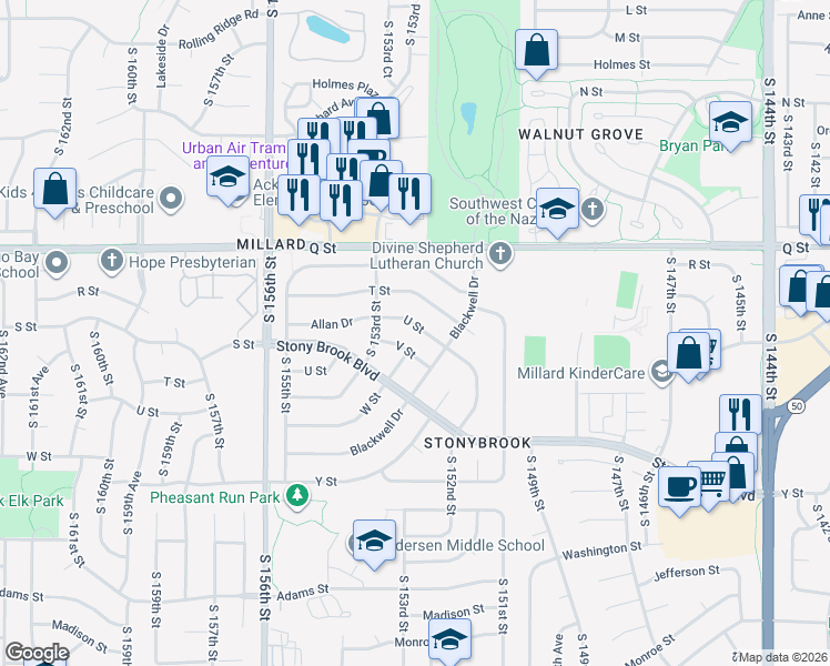 map of restaurants, bars, coffee shops, grocery stores, and more near 15286 U Street in Omaha