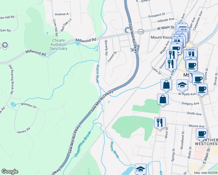map of restaurants, bars, coffee shops, grocery stores, and more near 152 Beverly Road in Mount Kisco