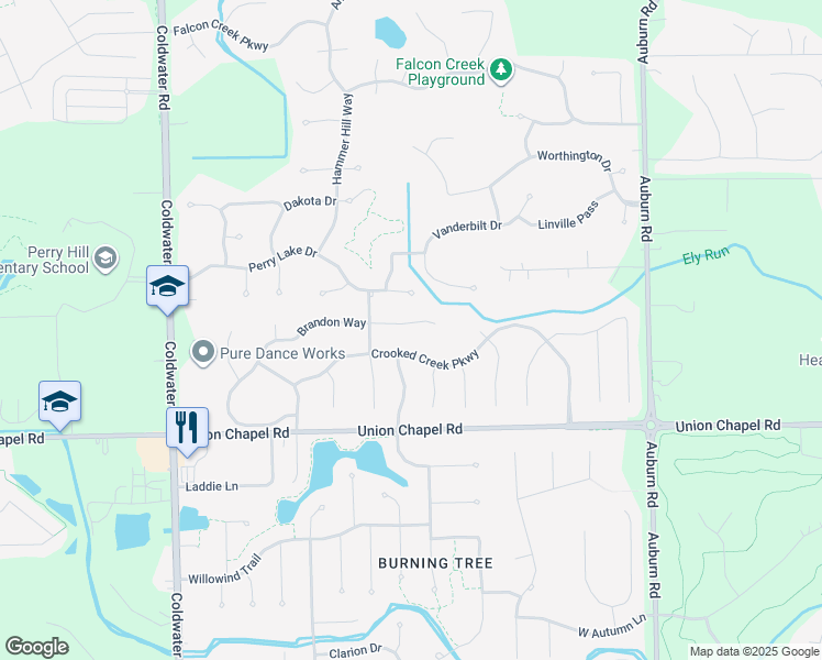 map of restaurants, bars, coffee shops, grocery stores, and more near 1504 Brandon Way in Fort Wayne