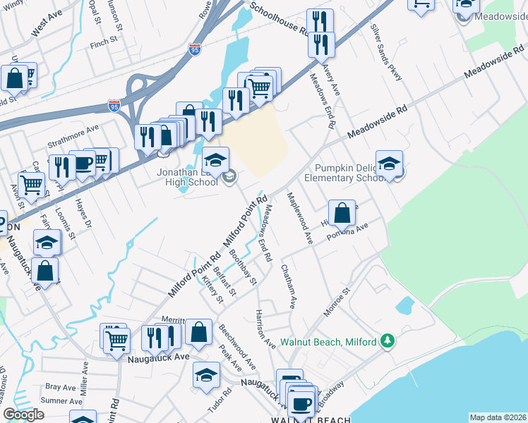 map of restaurants, bars, coffee shops, grocery stores, and more near 944 Milford Point Road in Milford