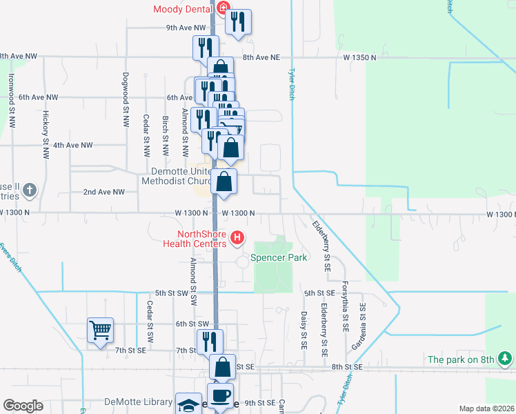 map of restaurants, bars, coffee shops, grocery stores, and more near 207 2nd Avenue Northeast in De Motte