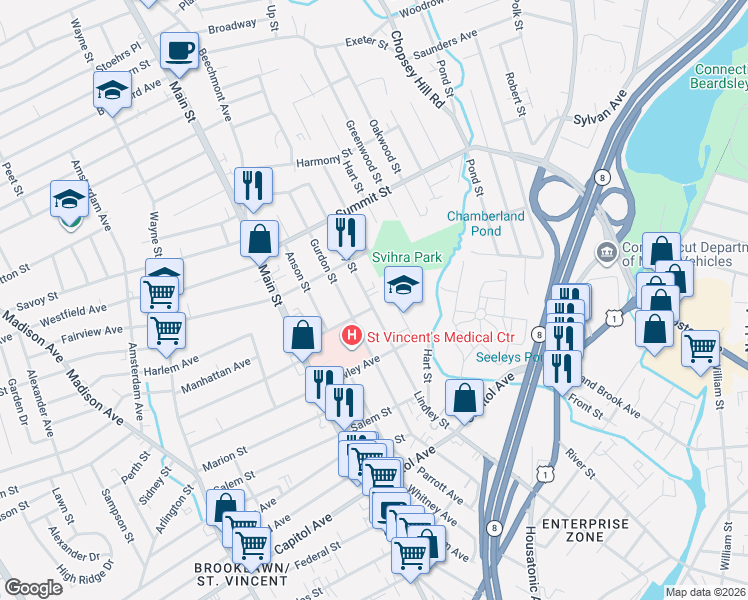 map of restaurants, bars, coffee shops, grocery stores, and more near 980 Lindley Street in Bridgeport