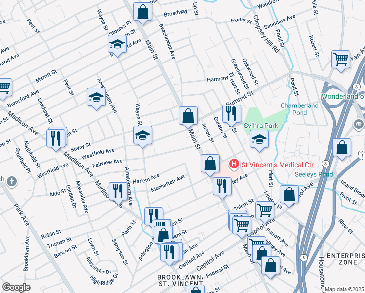 map of restaurants, bars, coffee shops, grocery stores, and more near 67 Westfield Avenue in Bridgeport