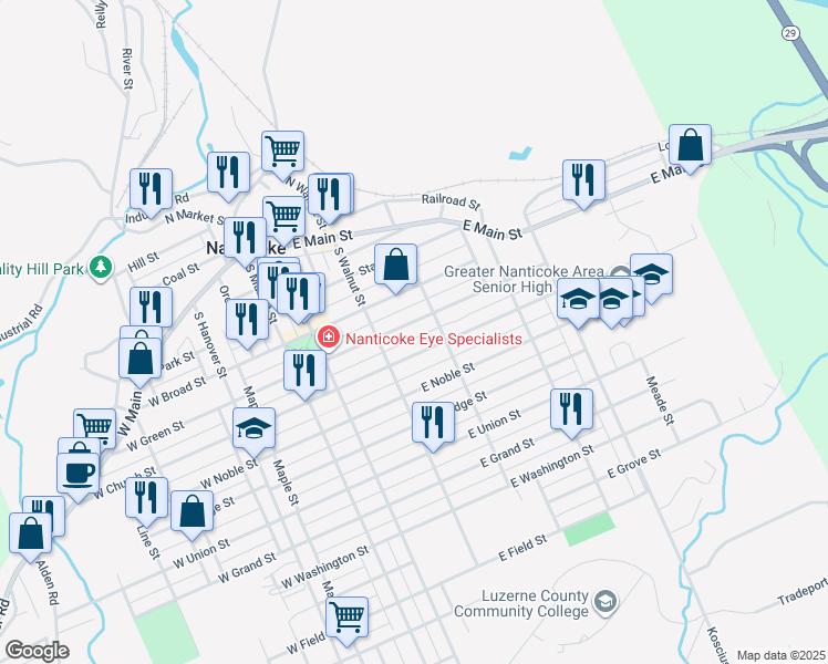 map of restaurants, bars, coffee shops, grocery stores, and more near 272 East Green Street in Nanticoke