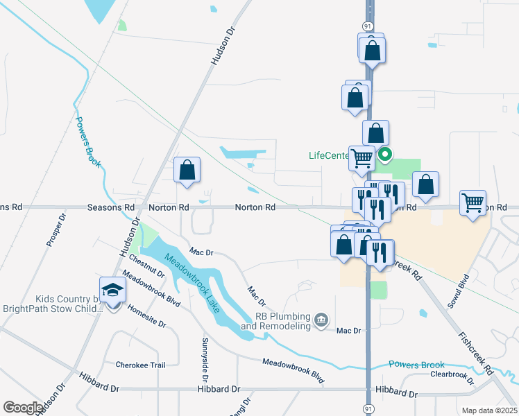 map of restaurants, bars, coffee shops, grocery stores, and more near 1336 Norton Road in Hudson