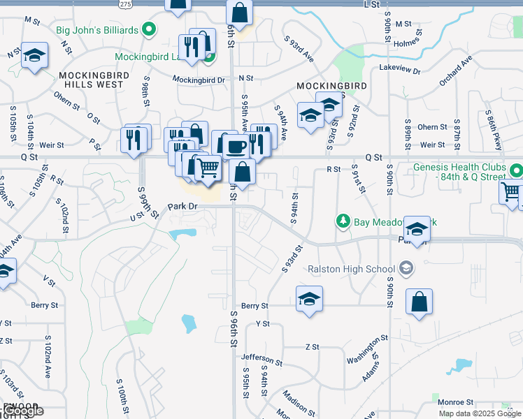 map of restaurants, bars, coffee shops, grocery stores, and more near 9510 Park Drive in Omaha