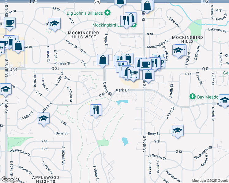 map of restaurants, bars, coffee shops, grocery stores, and more near 9748 Park Drive in Omaha