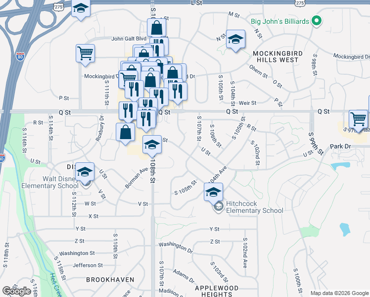 map of restaurants, bars, coffee shops, grocery stores, and more near 5412 South 107th Street in Omaha