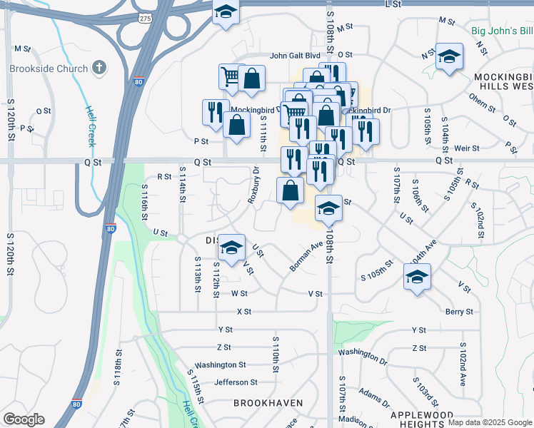 map of restaurants, bars, coffee shops, grocery stores, and more near 10980 Roxbury Plaza in Omaha