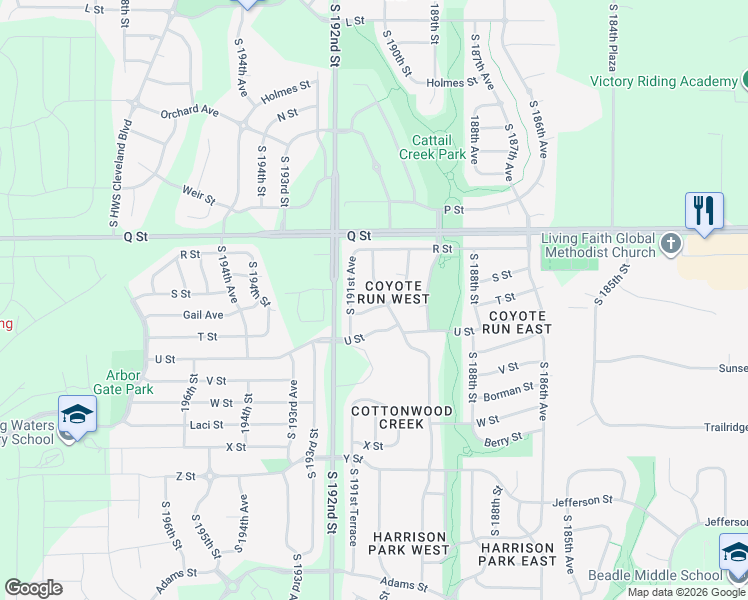 map of restaurants, bars, coffee shops, grocery stores, and more near 5333 South 191st Avenue in Omaha