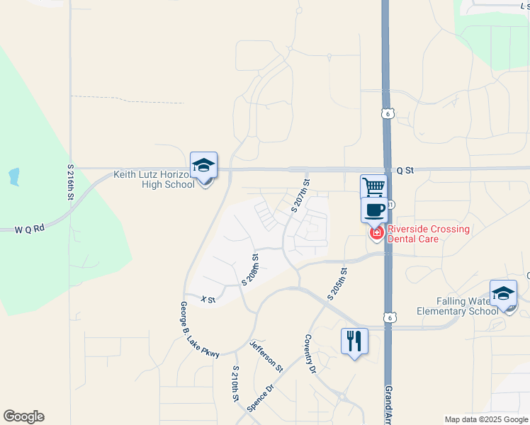 map of restaurants, bars, coffee shops, grocery stores, and more near 20517-20859 Q St in Omaha