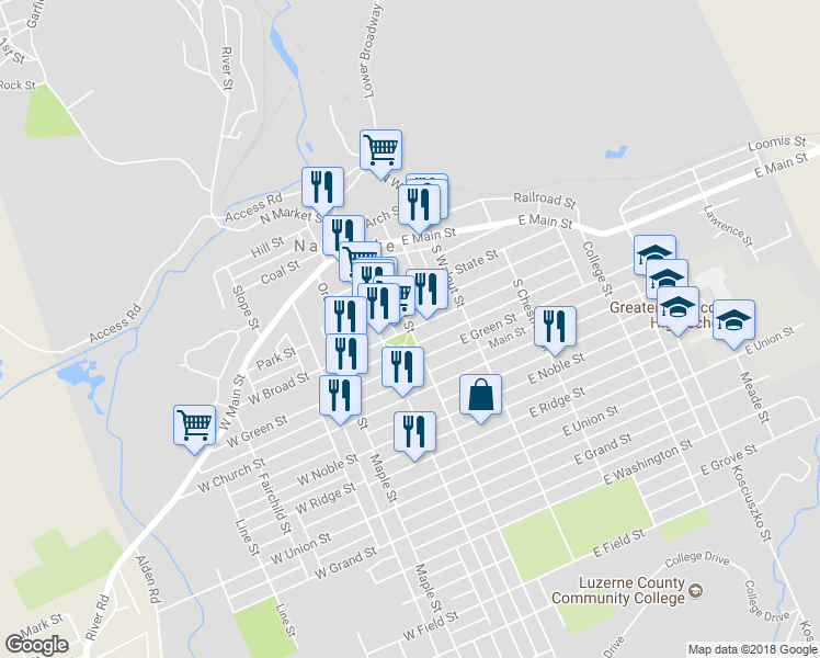 map of restaurants, bars, coffee shops, grocery stores, and more near East Broad Street in Nanticoke