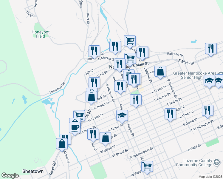 map of restaurants, bars, coffee shops, grocery stores, and more near 7 South Hanover Street in Nanticoke