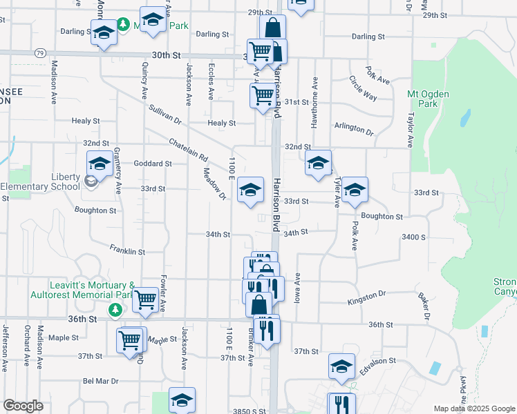 map of restaurants, bars, coffee shops, grocery stores, and more near 3329 Harrison Boulevard in Ogden