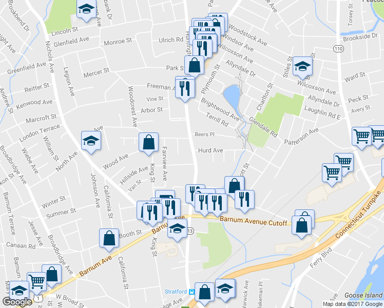 map of restaurants, bars, coffee shops, grocery stores, and more near 3115 Main Street in Stratford