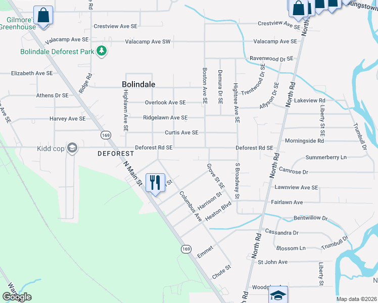 map of restaurants, bars, coffee shops, grocery stores, and more near 1285 Deforest Road Southeast in Warren