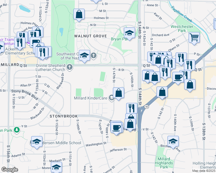 map of restaurants, bars, coffee shops, grocery stores, and more near 5606 South 147th Street in Omaha