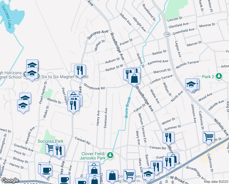 map of restaurants, bars, coffee shops, grocery stores, and more near 118 Stonybrook Road in Stratford