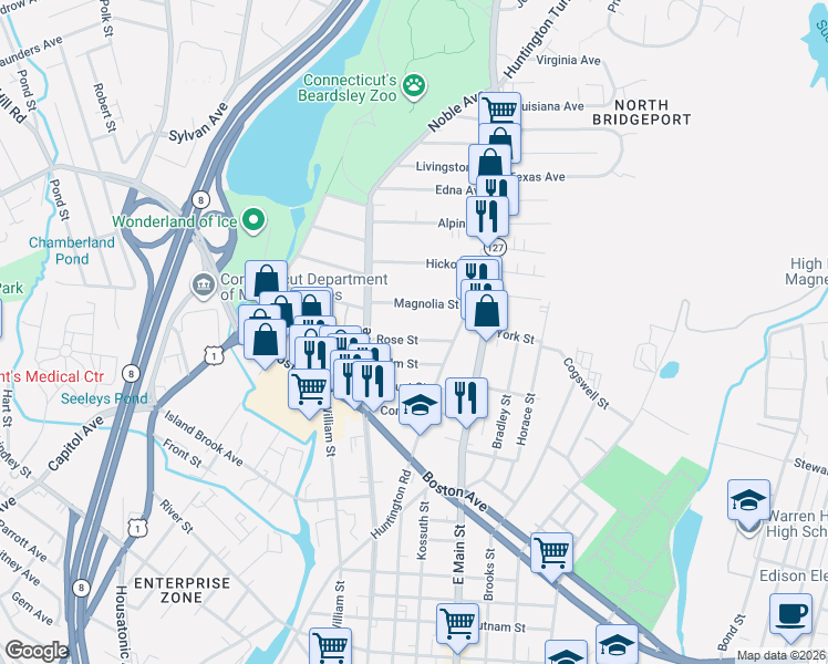 map of restaurants, bars, coffee shops, grocery stores, and more near 100 Magnolia Street in Bridgeport