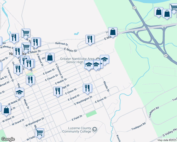 map of restaurants, bars, coffee shops, grocery stores, and more near 428-498 East Noble Street in Nanticoke