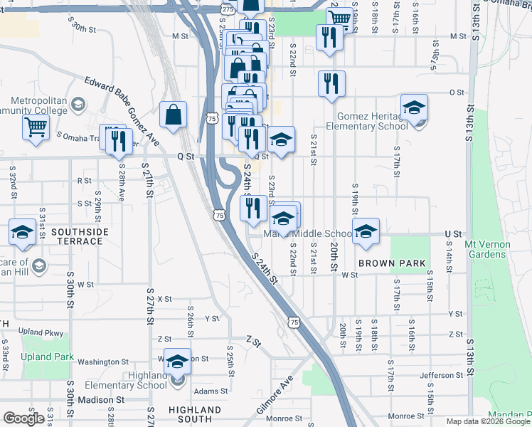 map of restaurants, bars, coffee shops, grocery stores, and more near 5406 South 23rd Street in Omaha