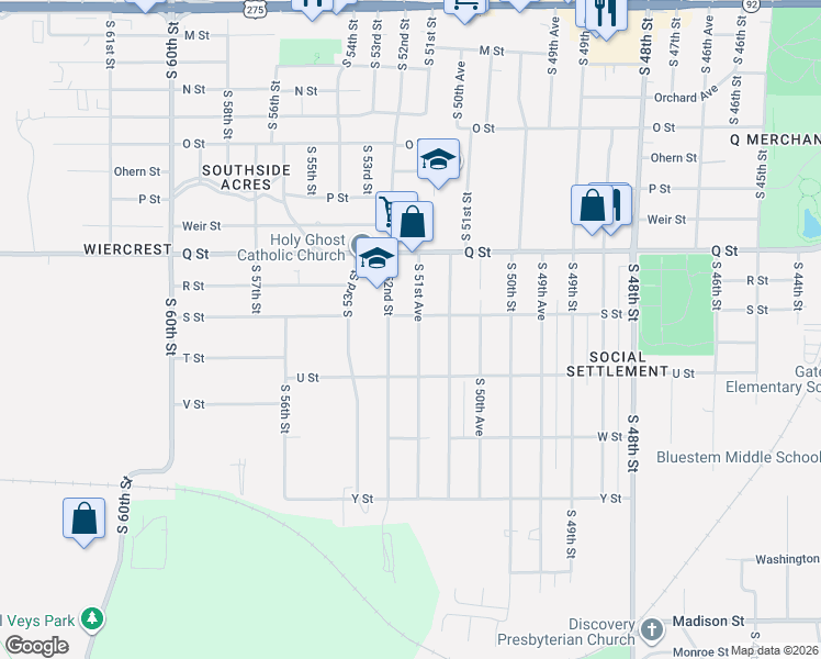 map of restaurants, bars, coffee shops, grocery stores, and more near 5256 South 51st Avenue in Omaha