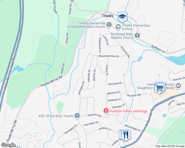 map of restaurants, bars, coffee shops, grocery stores, and more near 11 Hillside Drive in Thiells