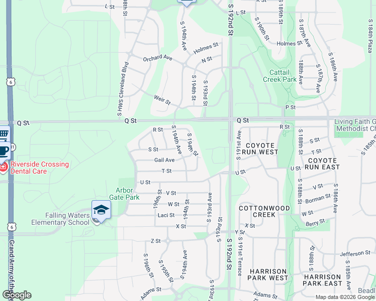 map of restaurants, bars, coffee shops, grocery stores, and more near 5353 South 194th Street in Omaha