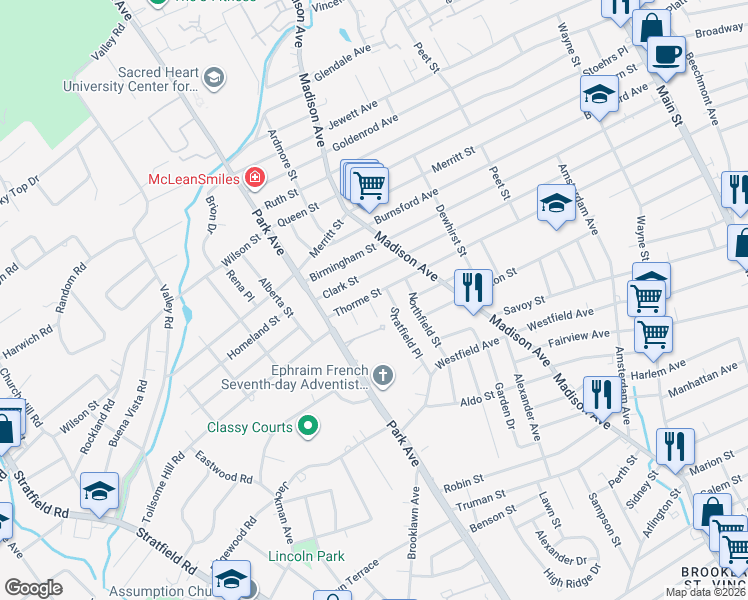 map of restaurants, bars, coffee shops, grocery stores, and more near 905 Thorme Street in Bridgeport