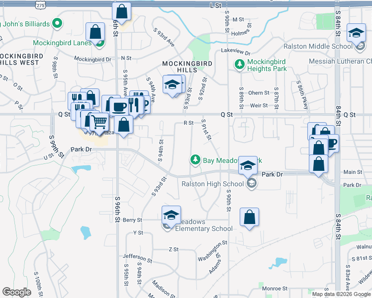 map of restaurants, bars, coffee shops, grocery stores, and more near 5405 Bay Meadows Road in Omaha
