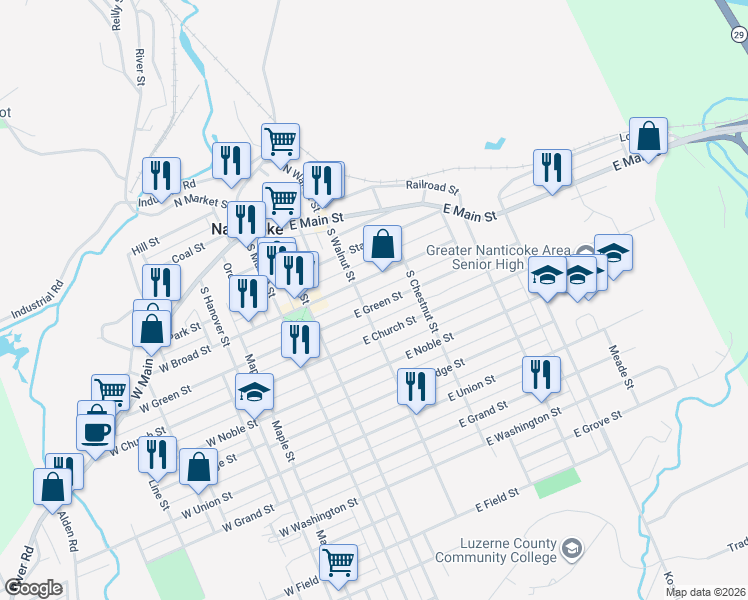 map of restaurants, bars, coffee shops, grocery stores, and more near 272 East Green Street in Nanticoke
