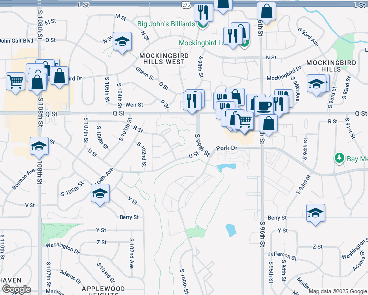 map of restaurants, bars, coffee shops, grocery stores, and more near 9916 U Street in Omaha