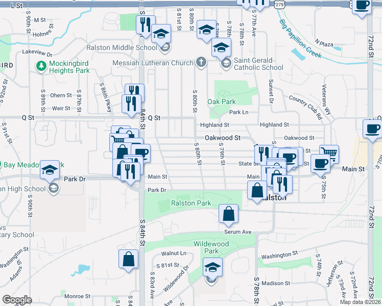 map of restaurants, bars, coffee shops, grocery stores, and more near 8008 Maywood Street in Ralston