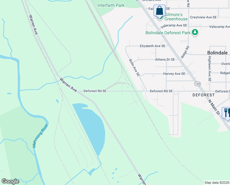 map of restaurants, bars, coffee shops, grocery stores, and more near 782 Deforest Road Southeast in Warren