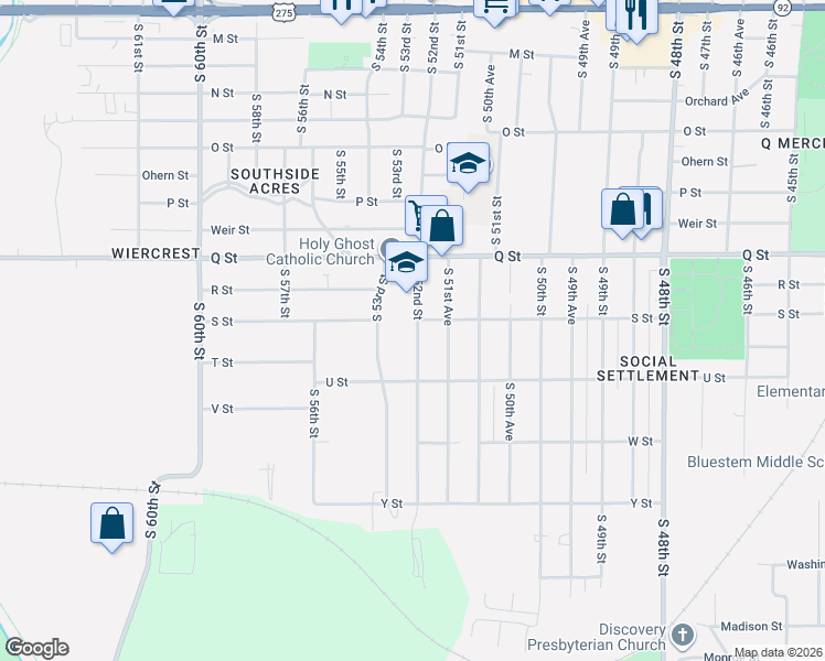 map of restaurants, bars, coffee shops, grocery stores, and more near 5327 South 53rd Street in Omaha