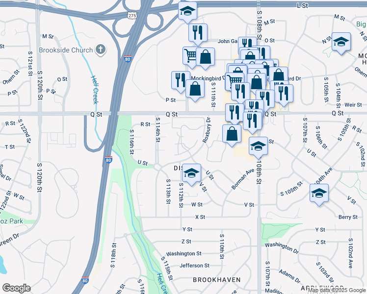 map of restaurants, bars, coffee shops, grocery stores, and more near 5330 South 112th Plaza in Omaha