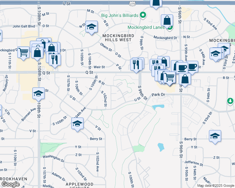 map of restaurants, bars, coffee shops, grocery stores, and more near 10025 South Plaza in Omaha