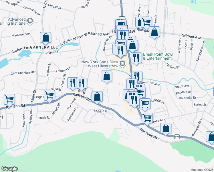 map of restaurants, bars, coffee shops, grocery stores, and more near 16 Hasbrouck Road in Garnerville