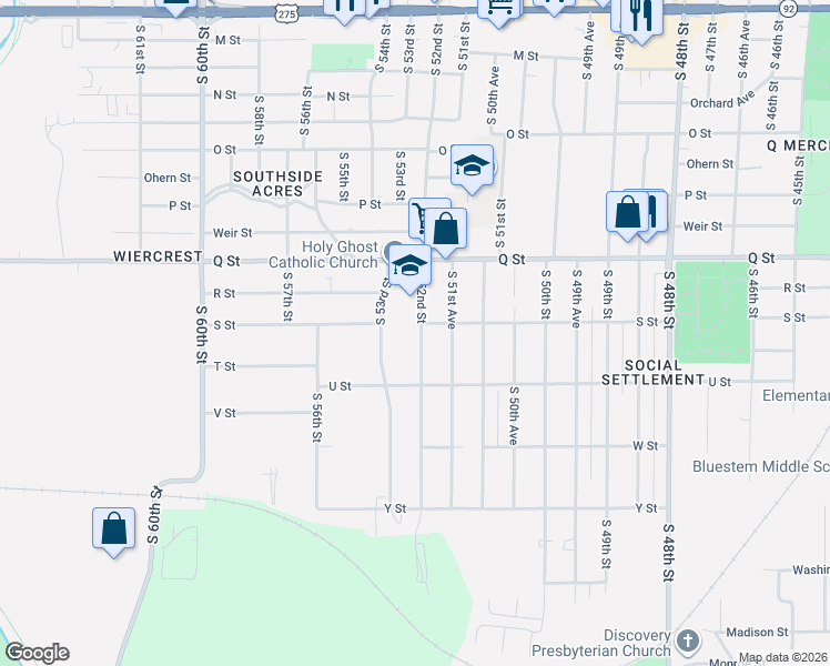 map of restaurants, bars, coffee shops, grocery stores, and more near 5327 South 53rd Street in Omaha